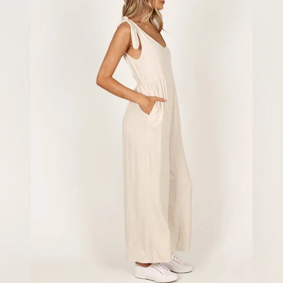 Petal & Pup Ayla Linen Jumpsuit Oatmeal - Picture 7 of 11